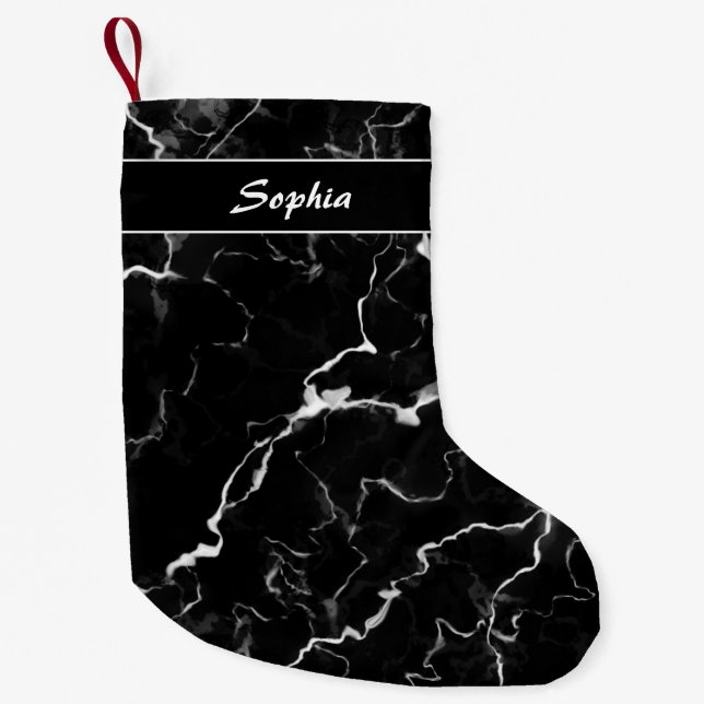 Faux Black Marble Texture Look With Custom Name Small Christmas Stocking (Front)