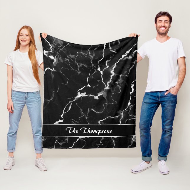 Faux Black Marble Texture Look With Custom Text Fleece Blanket (In Situ)