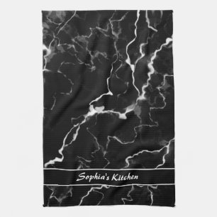 Faux Black Marble Texture Look With Custom Text Tea Towel