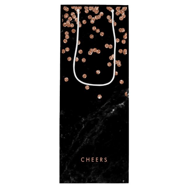 Faux Black Marble with Faux Rose Gold Confetti Wine Gift Bag (Front)
