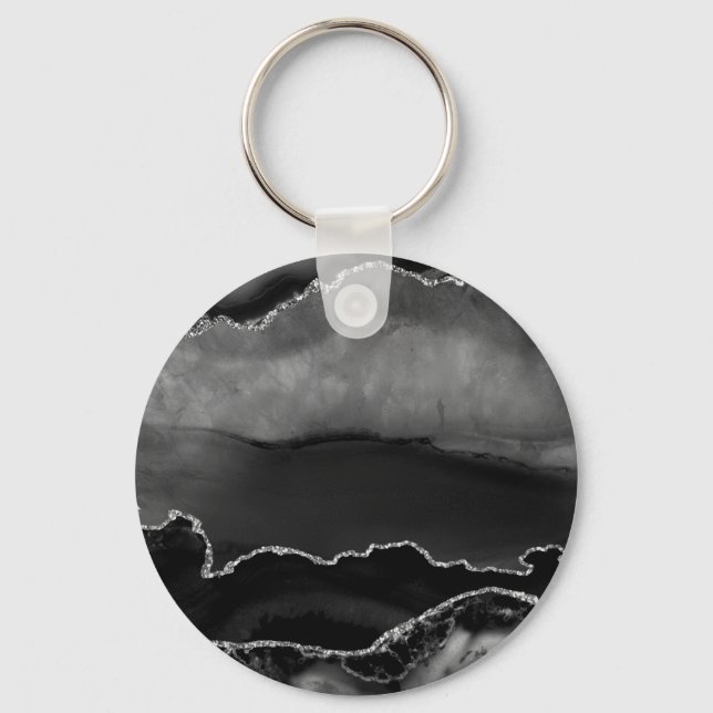 Faux Black Marbled Agate Elegant Silver Glitter Key Ring (Front)