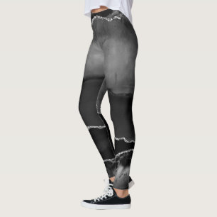 Faux Black Marbled Agate Elegant Silver Glitter Leggings