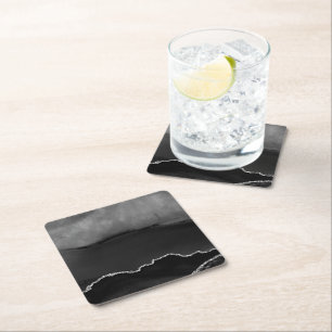 Faux Black Marbled Agate Elegant Silver Glitter Square Paper Coaster