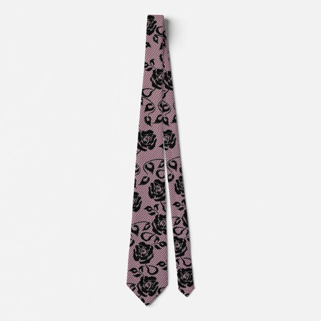 Faux Black Roses Lace Elegant Fishnet Neck Tie (Front)