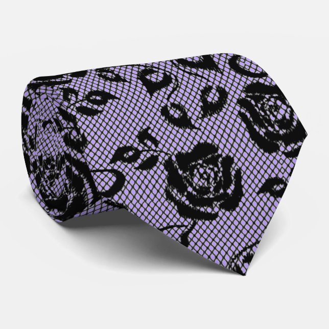 Faux Black Roses Lace Fishnet Neck Tie - Purple (Rolled)