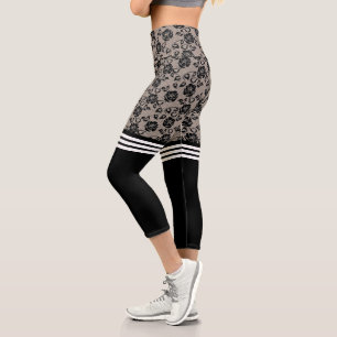 Faux Black Roses Lace Fishnet Socks Capri Leggings