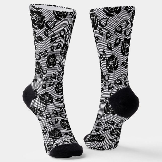 Faux Black Roses Lace Fishnet Socks Modern Design (Angled)