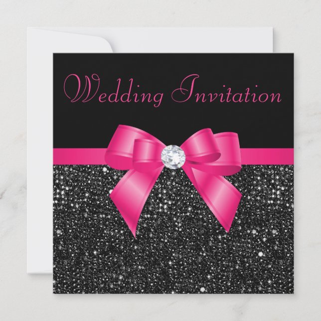 Faux Black Sequins and Hot Pink Bow Wedding Invitation (Front)