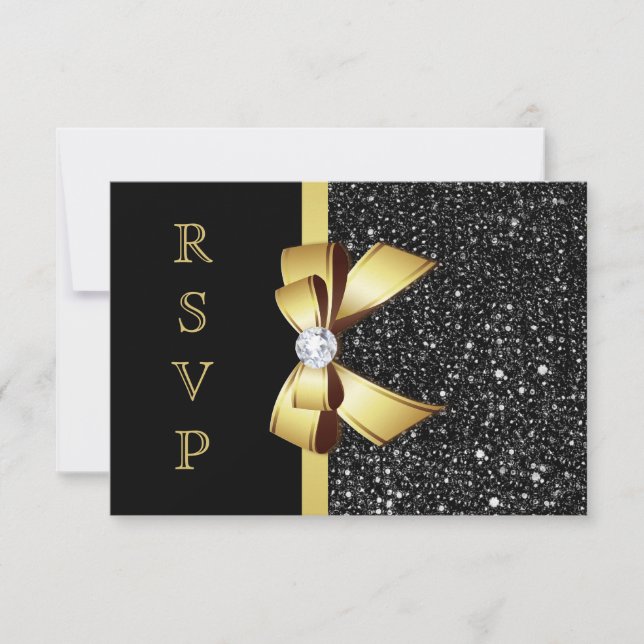 Faux Black Sequins Gold Bow RSVP Card (Front)