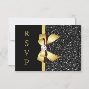 Faux Black Sequins Gold Bow RSVP Card