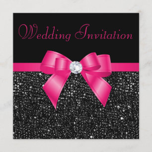Faux Black Sequins Hot Pink Bow Wedding Invitation
