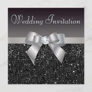 Faux Black Sequins, Silver Bow & Diamond Wedding Invitation
