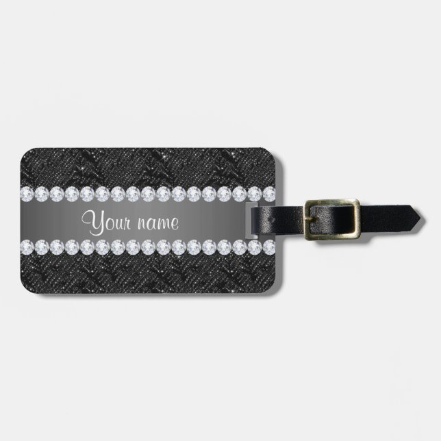 Faux Black Sequins Sparkles and Diamonds Luggage Tag (Front Horizontal)