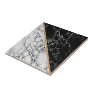 Faux Black White Marble Ceramic Tile Gold Line