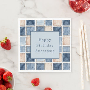Faux Blue Cream Denim Jean Birthday Napkin