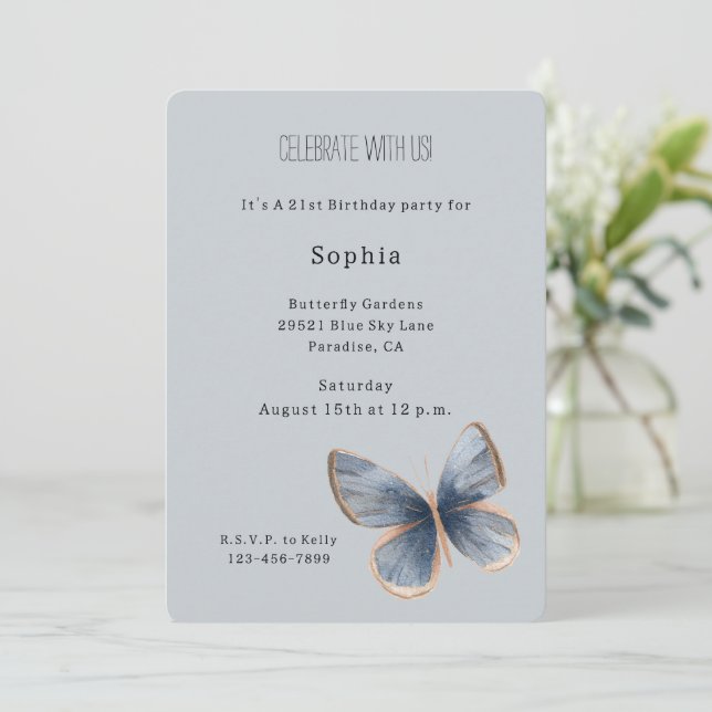 Faux Blue Denim Butterfly Birthday Invitation (Standing Front)