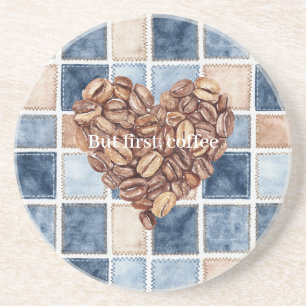 Faux Blue Denim Cream First Coffee Beans Heart Coaster
