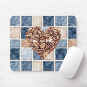 Faux Blue Denim Cream First Coffee Beans Heart Mouse Mat