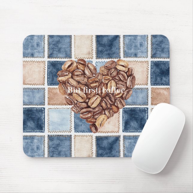 Faux Blue Denim Cream First Coffee Beans Heart Mouse Mat (With Mouse)