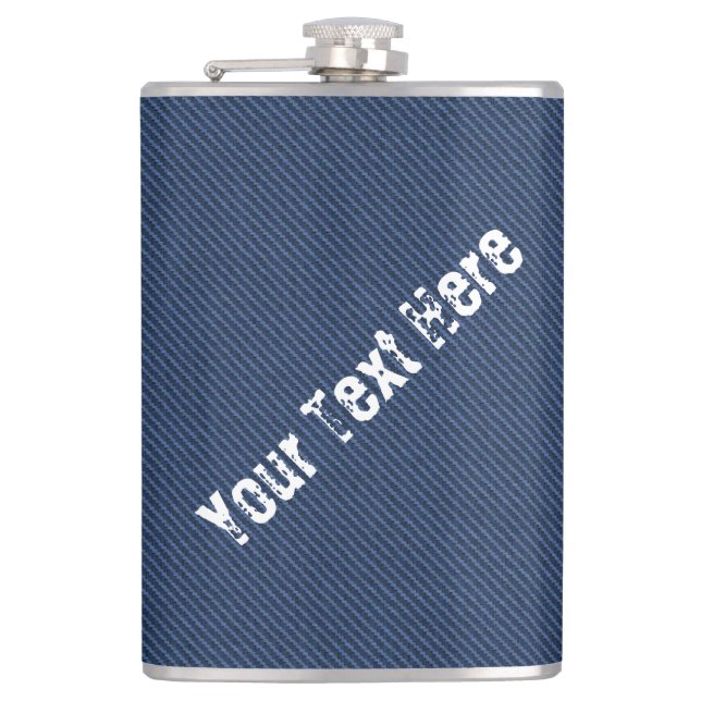 Faux Blue Denim Fabric Flask with Custom Text (Front)