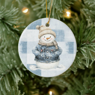 Faux Blue Denim Snowman Christmas Ceramic Tree Decoration