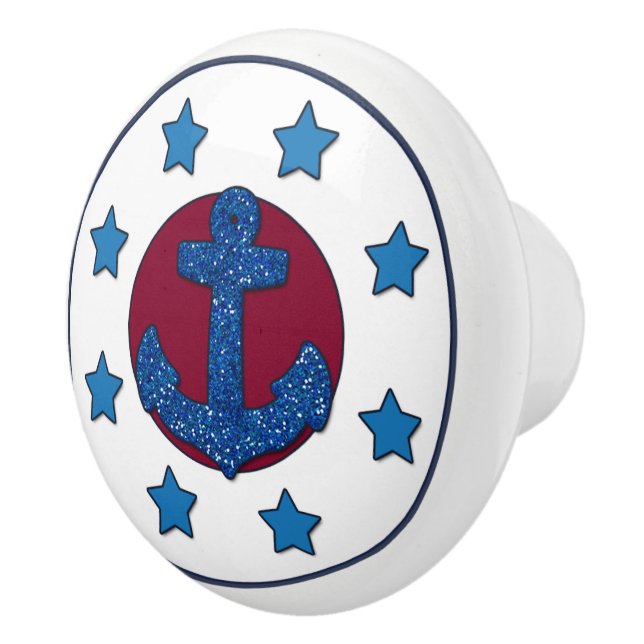 Faux Blue Glitter Anchor | Blue Stars Nautical Ceramic Knob (Right)