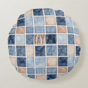 Faux Blue Glitter Cream Denim Round Cushion