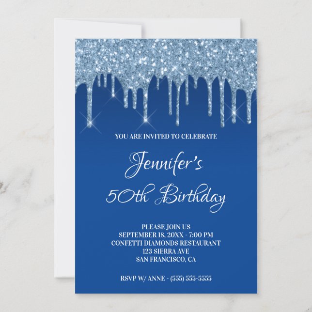 Faux Blue Glitter Drips 50th Birthday Invitation (Back)