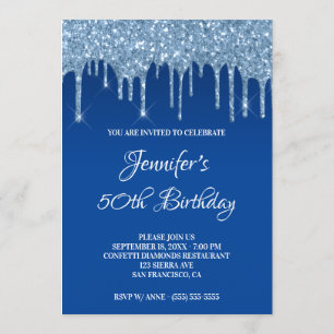 Faux Blue Glitter Drips 50th Birthday Invitation