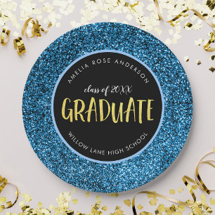 Faux Blue Glitter Graduate Graduation Paper Plate