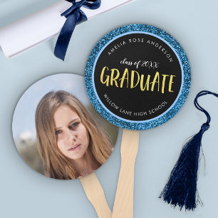 Faux Blue Glitter Graduate Photo Graduation Hand Fan