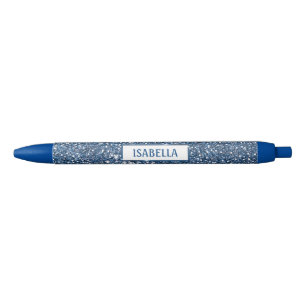 Faux Blue Glitter Texture Look With Custom Name Black Ink Pen