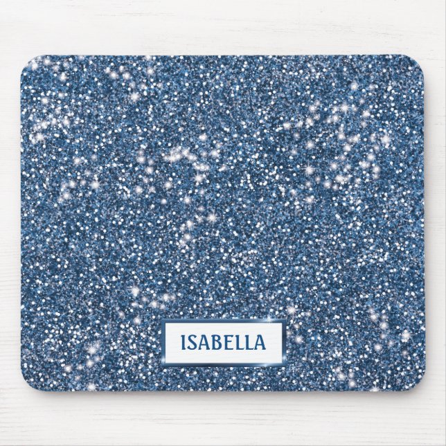 Faux Blue Glitter Texture Look With Custom Name Mouse Mat (Front)
