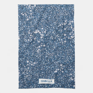 Faux Blue Glitter Texture Look With Custom Name Tea Towel