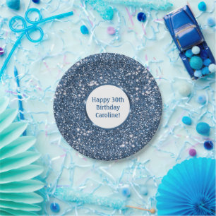 Faux Blue Glitter Texture Look With Custom Text Paper Plate