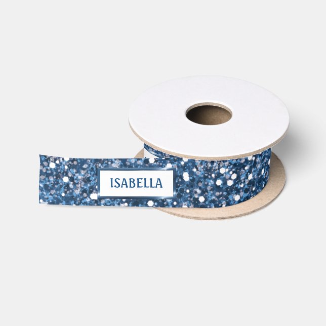 Faux Blue Glitter Texture Look With Custom Text Satin Ribbon (Spool)