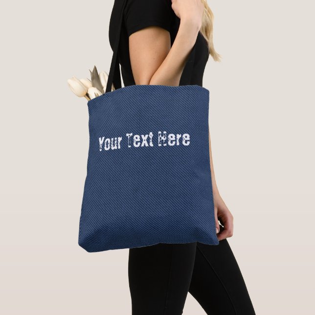 Faux Blue Jeans Fabric Tote Bag with Custom Text (Close Up)