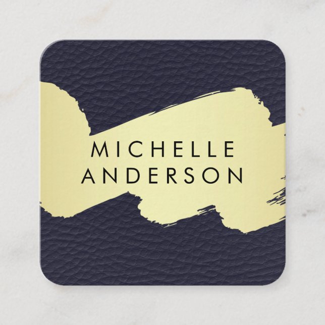 Faux Blue Leather / Gold Brushed Square Business Card (Front)