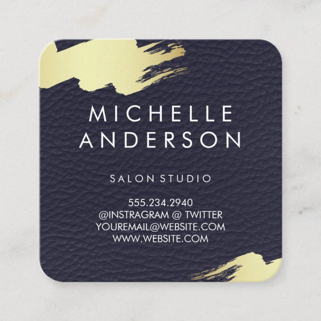 Faux Blue Leather / Gold Brushed Square Business Card (Front)