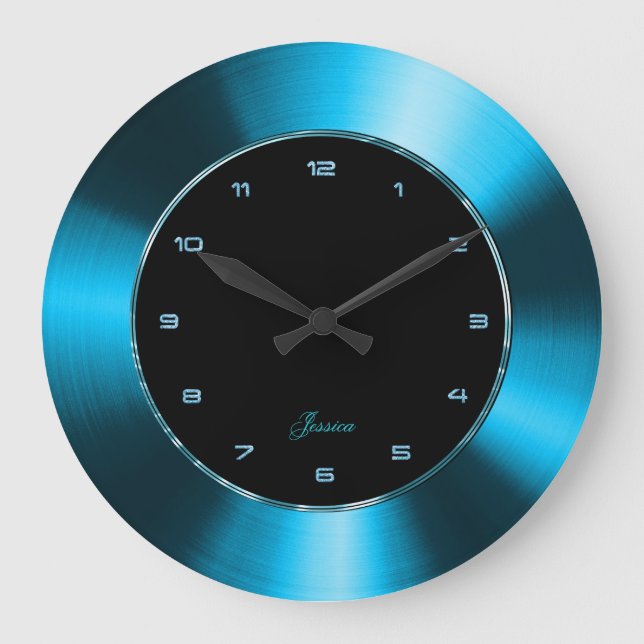 Faux Blue  Metallic Design Stainless Steel Look Large Clock (Front)