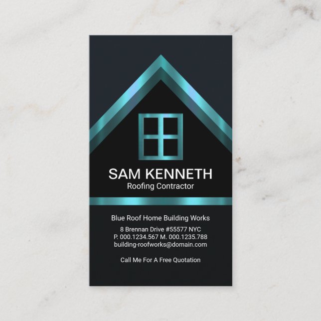 Faux Blue Silver Home Roof Building Construction Business Card (Front)
