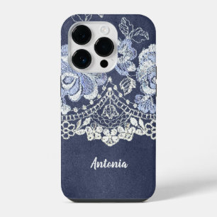 Faux Blue Velvet and Simulated Lace Embroidery iPhone 14 Pro Case
