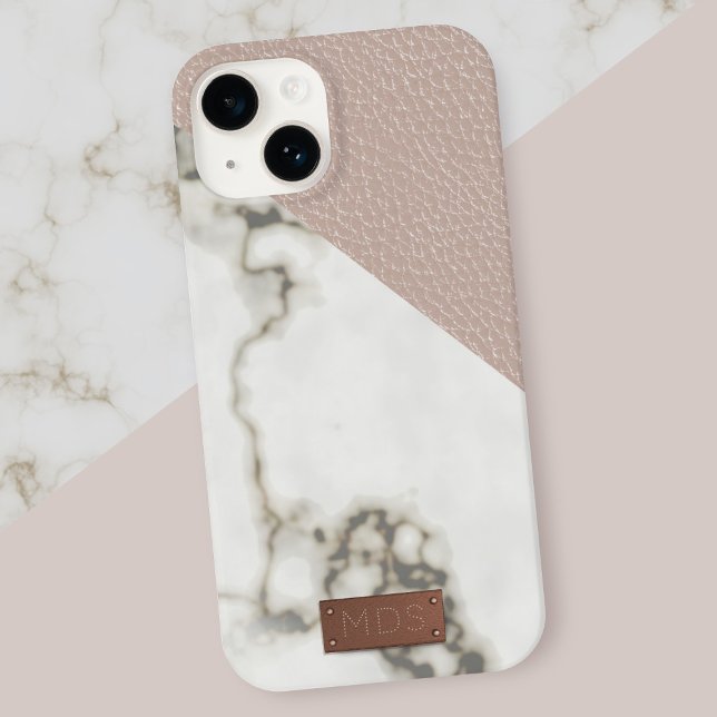 Faux Blush Leather Marble Case-Mate iPhone Case (A modern geometric blush pink faux leather look with white marble. Just add your initials)