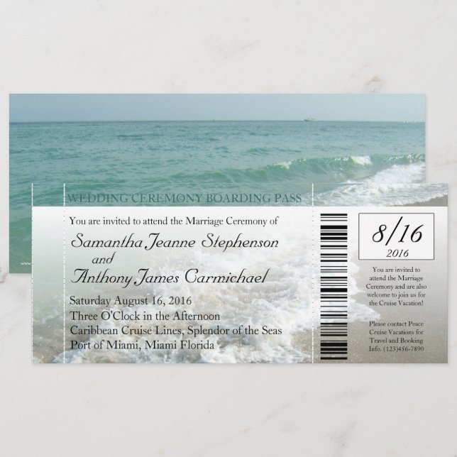 Faux Boarding Pass Beach Wedding Ticket Invitation (Front/Back)
