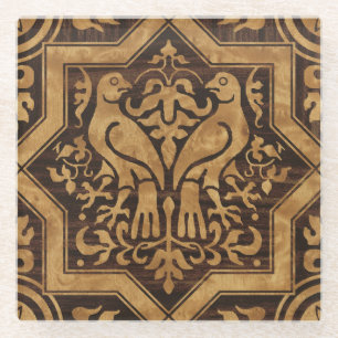 Faux Bois Mediaeval Birds Glass Coaster