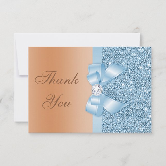 Faux Bow Sequins Blue Milk Chocolate Thank You Card (Front)