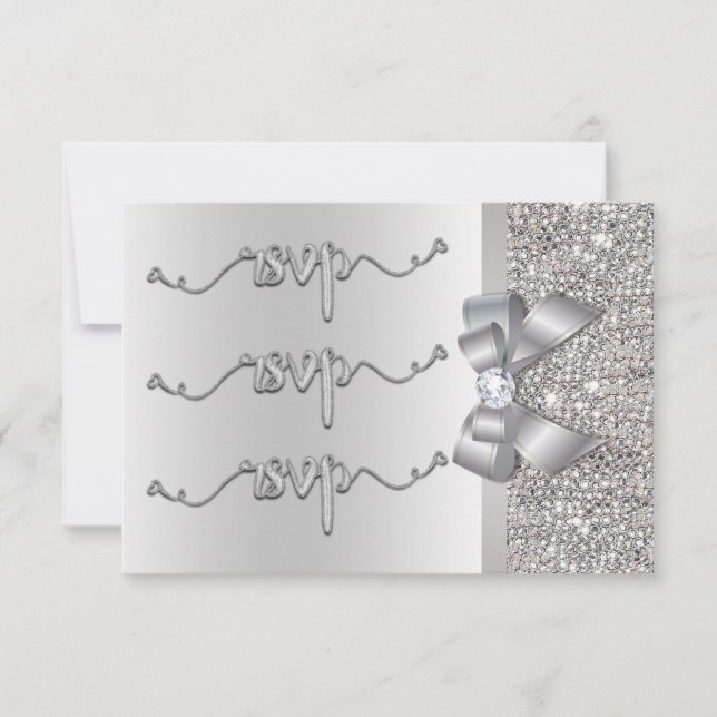 Faux Bow Silver Sequins RSVP Wedding Card (Front)