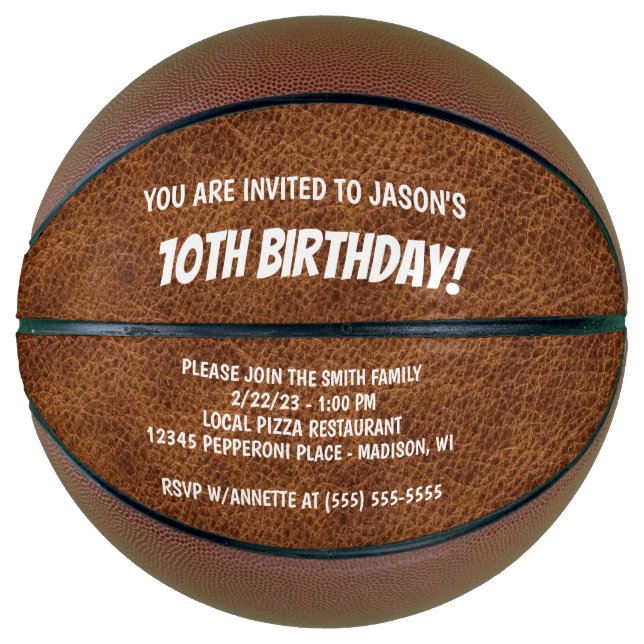 Faux Brown Leather Birthday Party Invite Basketball (Front)