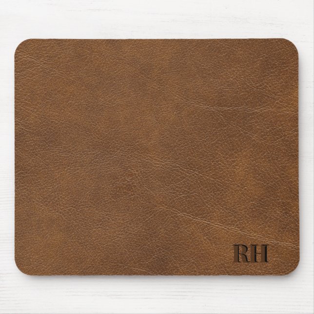 Faux Brown Leather Custom Monogrammed Initials  Mouse Mat (Front)