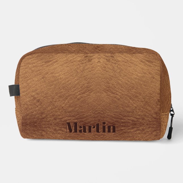 Faux Brown Leather Dopp Kit with Embossed Text (Front)